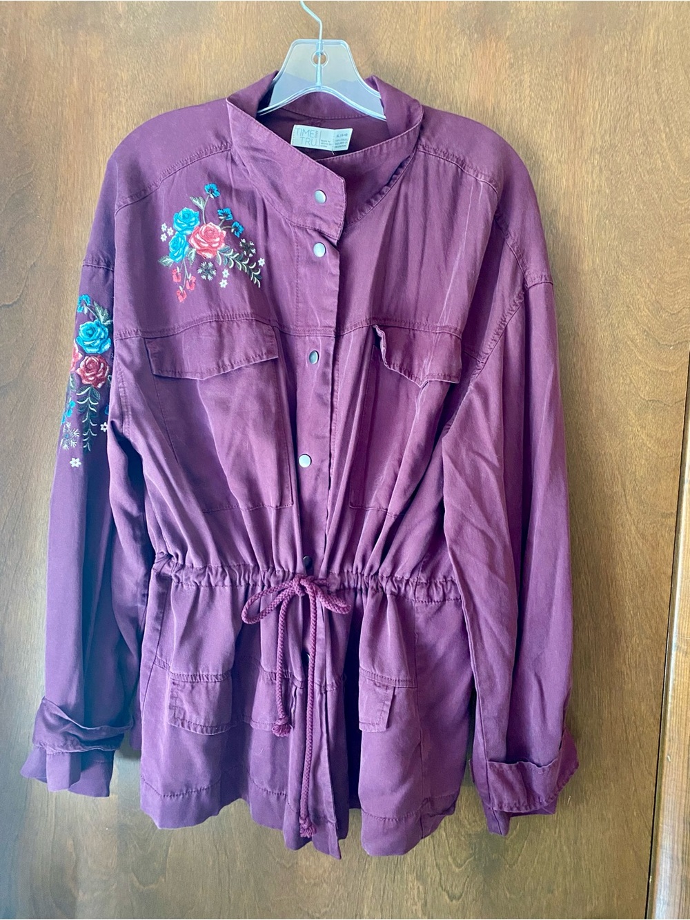 Time and Tru Plum Embroidered Drawstring Utility Jacket Lyocell Fabric